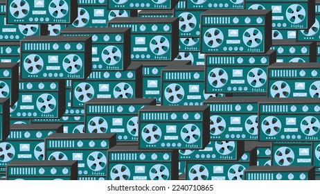 Seamless pattern endless with music audio cassette old retro tape recorders vintage hipster from 70s, 80s, 90s isolated on green background. Vector illustration