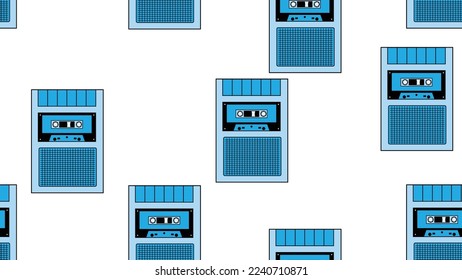 Seamless pattern endless with music audio cassette old retro voice recorder vintage hipster from 70s, 80s, 90s isolated on white background. Vector illustration