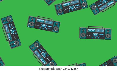 Seamless pattern endless with music audio cassette old retro tape recorders vintage hipster from 70s, 80s, 90s isolated on green background. Vector illustration