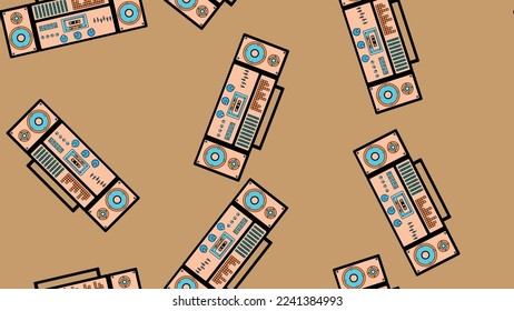 Seamless pattern endless with music audio cassette old retro tape recorders vintage hipster from 70s, 80s, 90s isolated on brown background. Vector illustration