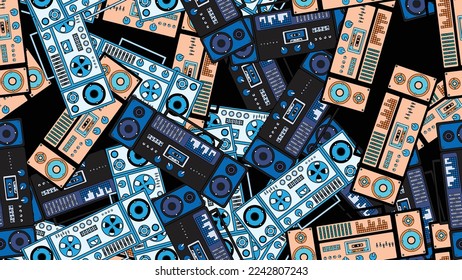 Seamless pattern endless with music audio cassette old retro tape recorders vintage hipster from 70s, 80s, 90s isolated on blue background. Vector illustration
