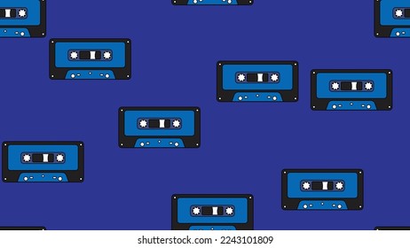 Seamless pattern endless with music audio cassettes old retro vintage hipster from 70s, 80s, 90s isolated on blue background. Vector illustration