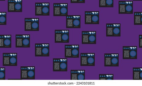 Seamless pattern endless with music audio dj consoles with vinyl old retro vintage hipster from 70s, 80s, 90s isolated on purple background. Vector illustration