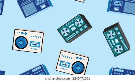 Seamless pattern endless with music audio cassette old retro tape recorders vintage hipster from 70s, 80s, 90s isolated on blue background. Vector illustration