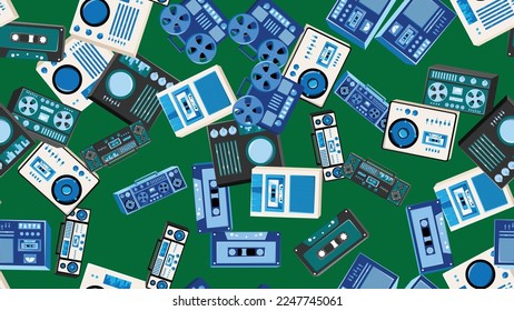 Seamless pattern endless with music audio tech electronics equipment old retro vintage hipster from 70s, 80s, 90s isolated on green background. Vector illustration
