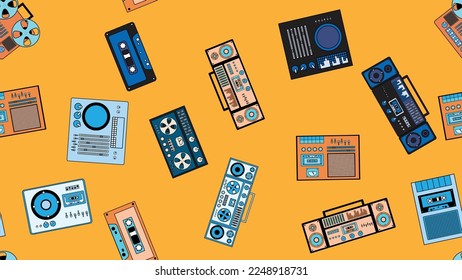 Seamless pattern endless with music audio tech electronics equipment old retro vintage hipster from 70s, 80s, 90s isolated on yellow background. Vector illustration