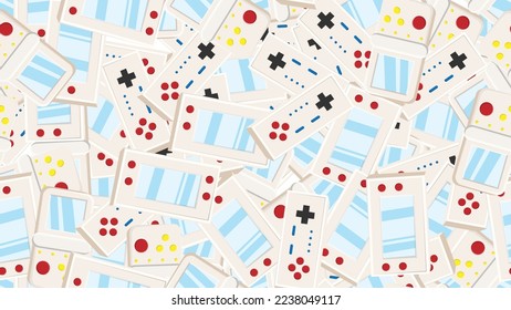 Seamless pattern endless with portable game consoles and joysticks, electronic toys old retro vintage hipster from 70s, 80s, 90s isolated on white background. Vector illustration