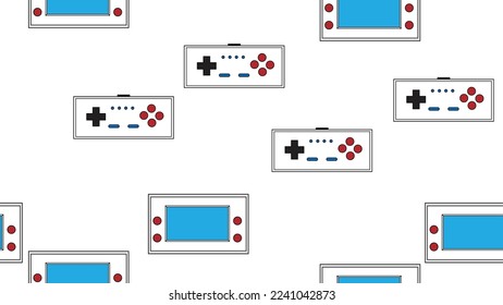 Seamless pattern endless with portable game consoles and joysticks, electronic toys old retro vintage hipster from 70s, 80s, 90s isolated on white background. Vector illustration