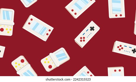 Seamless pattern endless with portable game consoles and joysticks, electronic toys old retro vintage hipster from 70s, 80s, 90s isolated on red background. Vector illustration