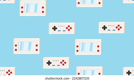 Seamless pattern endless with portable game consoles and joysticks, electronic toys old retro vintage hipster from 70s, 80s, 90s isolated on blue background. Vector illustration
