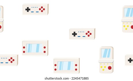 Seamless pattern endless with portable game consoles and joysticks, electronic toys old retro vintage hipster from 70s, 80s, 90s isolated on white background. Vector illustration