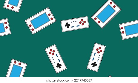 Seamless pattern endless with portable game consoles and joysticks, electronic toys old retro vintage hipster from 70s, 80s, 90s isolated on green background. Vector illustration