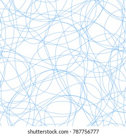Seamless pattern of endless random thin light blue lines. Continuous chaotic subtle monochrome vector curves on white background. Modern abstract irregular graphic of delicate fancy intricate shapes
