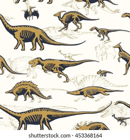 Seamless pattern, endless repeatable background with silhouettes set of skeletons of dinosaurs and fossils. Hand drawn vector illustration. Comparison of realistic size, separated elements.