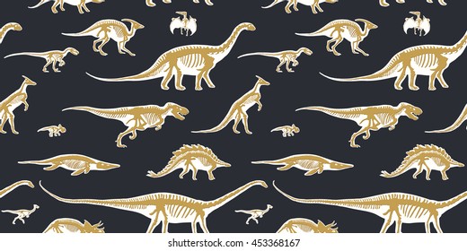 Seamless pattern, endless repeatable background with silhouettes set of skeletons of dinosaurs and fossils. Hand drawn vector illustration. Comparison of realistic size, separated elements.