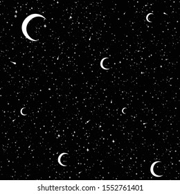 Seamless pattern of endless sky with many moons and falling stars. Black backround. 