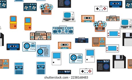 Seamless pattern endless with tech electronics equipment old retro vintage hipster from 70s, 80s, 90s isolated on white background. Vector illustration
