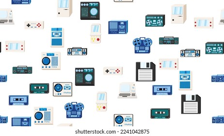 Seamless pattern endless with tech electronics equipment old retro vintage hipster from 70s, 80s, 90s isolated on white background. Vector illustration