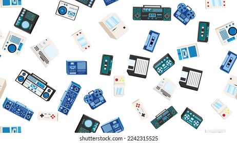 Seamless pattern endless with tech electronics equipment old retro vintage hipster from 70s, 80s, 90s isolated on white background. Vector illustration