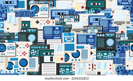 Seamless pattern endless with tech electronics equipment old retro vintage hipster from 70s, 80s, 90s isolated on white background. Vector illustration