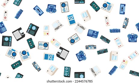 Seamless pattern endless with tech electronics equipment old retro vintage hipster from 70s, 80s, 90s isolated on white background. Vector illustration