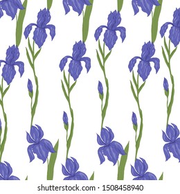 Seamless pattern, endless template of hand drawn flower iris with leaves vector illustration