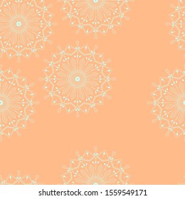 Seamless pattern, endless template with set of green mint mandalas on orange background vector illustration