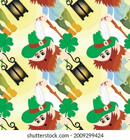 Seamless pattern, endless texture on a square background - gnome or leprechaun with a magical four-leaf and with a lantern - graphics. Valentines Day, gift, congratulations, love. Design elements