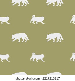 Seamless pattern. Endless texture. Walking white swiss shepherd dog puppy and mops puppy. Dog silhouette. Design for wallpaper, wrapping paper, fabric, decor, surface design. Vector illustration.