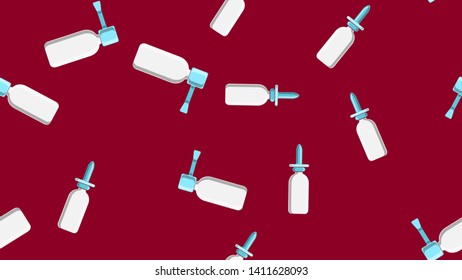 Seamless pattern endless texture of white medical medicinal sprays of droplets pharmaceptic for nose from a cold and a sore throat on a red background. Vector illustration