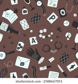 Seamless pattern for the endpaper of a detective book. Many clues belonging to a woman. Pattern for a detective story related to a woman. Flat vector illustration