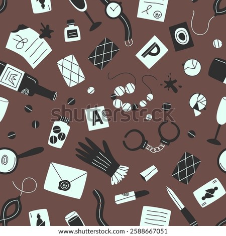 Seamless pattern for the endpaper of a detective book. Many clues belonging to a woman. Pattern for a detective story related to a woman. Flat vector illustration