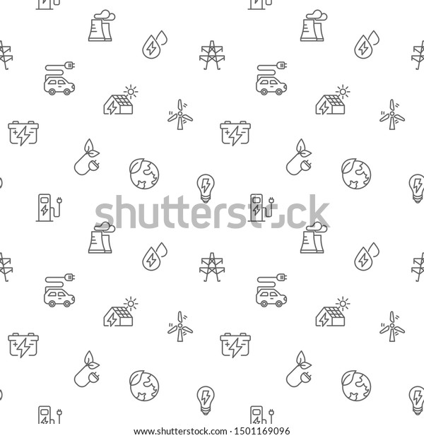 Seamless pattern energy and ecology\
icon on white background. Included the icons as solar panels, \
bulb, green energy, wind turbine, battery And Other\
Elements.