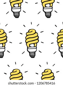 Seamless pattern with energy saving bulb and rays. Doodle style. Idea of wrapping paper. Vector.