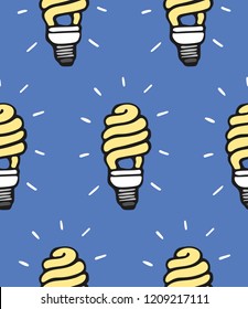 Seamless pattern with energy saving bulb and rays on blue background. Doodle style. Idea of wrapping paper. Vector.
