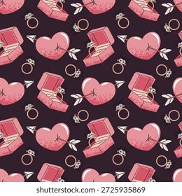 Padrão Perfeito Com Caixa De Anel De Engajamento E Coração De Seta Do Cupido Em Estilo Plano. Textura De Proposta De Casamento Para Tecido, Fundo, Embalagem, Papel De Parede E Design De Superfície. Eterno conceito de compromisso