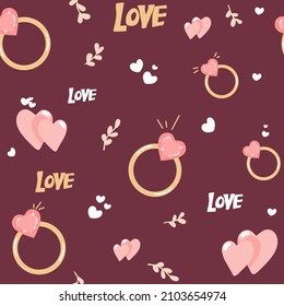 Patrón sin inconvenientes con anillos de compromiso y corazones. Diseño plano de línea delgada. Amor, corazones dibujando mano Fondo vectorial. ideal para el día de San Valentín, boda. embalaje, papel, propuesta de matrimonio 