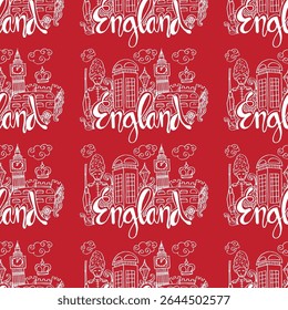 Seamless pattern with England-themed illustration with Iconic symbols