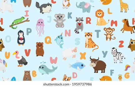 Seamless pattern with english alphabet with cute animals isolated on blue background. Vector illustration for teaching children learning a foreign language.