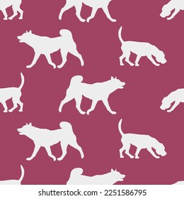 Seamless pattern. English beagle puppy and american akita. Silhouette of dogs. Endless texture. Design for fabric, decor, wallpaper, wrapping paper, surface design. Vector illustration.