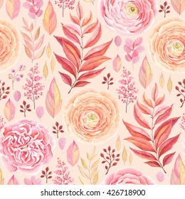 Patrón transparente de rosa inglesa, Ranunculus, ramas coloridas y hojas color rosa, rojo, amarillo y naranja, ilustración vectorial en estilo vintage.