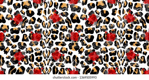 Seamless pattern with English roses and leopard skin.