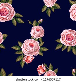 Seamless pattern with English roses on a blue background. 