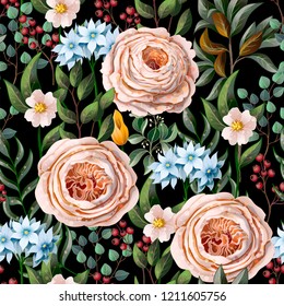 Seamless pattern with English roses and other flowers in vintage victorian stlyle. 