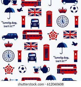 Seamless pattern with English symbols big ben face clock, flag, umbrella, crown,taxi, Double Decker Bus, soccer ball, rose, teapot, telephone and mailbox. Vector illustration.