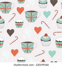 Seamless pattern with english tea and cupcakes. Used for wallpaper, pattern fills, web page background,surface textures.