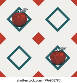 Seamless pattern of engraved apple. Pastel background.