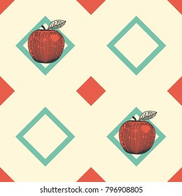 Seamless pattern of engraved apple. Pastel background.