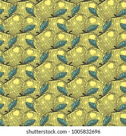 Seamless pattern. Engraved apples. Colorful background.