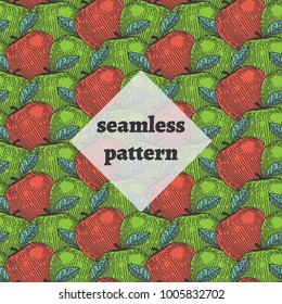 Seamless pattern. Engraved apples. Colorful background.